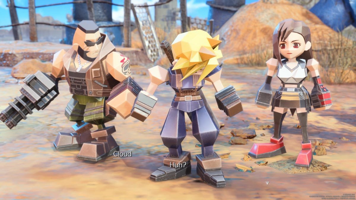 Cloud, Aerith and Tifa are transformed into blocky versions of themselves, referencing their original 1997 designs.