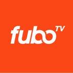Het logo voor Fubo TV op een rode achtergrond.