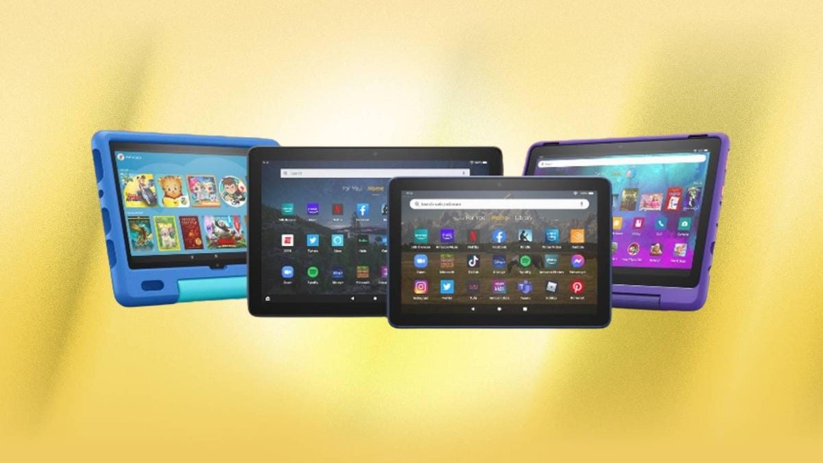Several Amazon Fire Tablet options are displayed against a yellow background.
