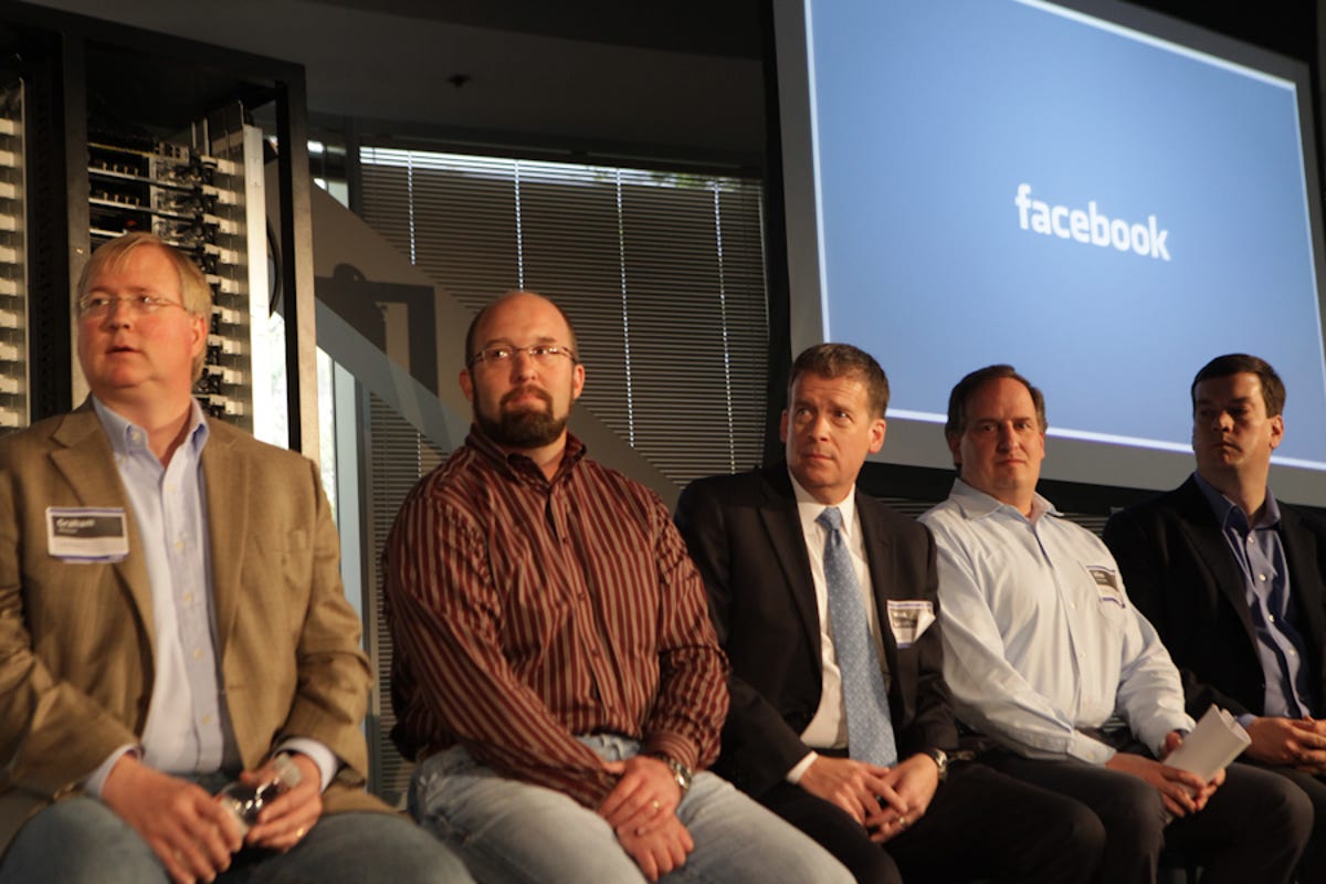 At a panel on data-center development at Facebook today (from left): Lanham Napier, chief executive officer of Rackspace Hosting; Frank Frankovsky, director of hardware design and supply chain at Facebook; Mike Locatis from the Department of Energy; Jason Allen, chief technical officer of Zynga; and Forrest Norrod, vice president and general manager for worldwide server platforms at Dell.