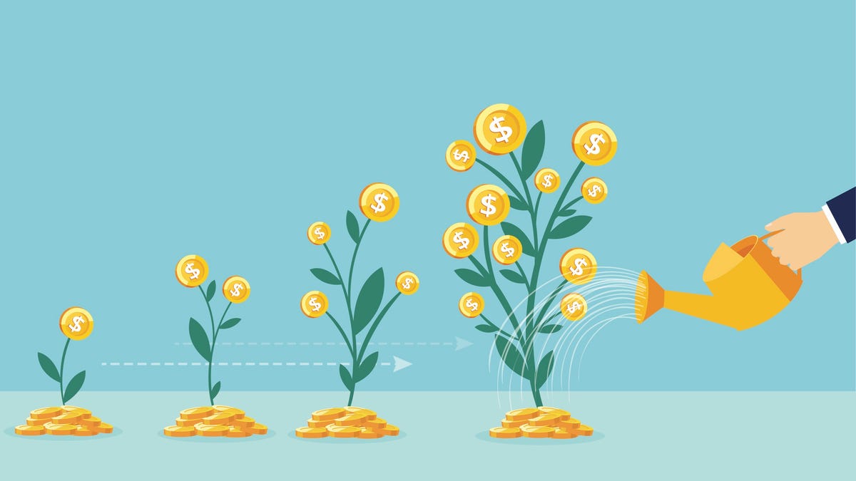 An illustration of a hand watering flowers that are growing gold dollar coins