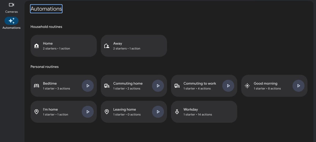 The automations section in the Google Home web app.