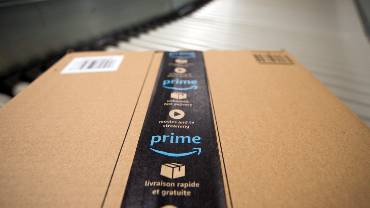 A package sits on a conveyor belt at an Amazon fulfillment center