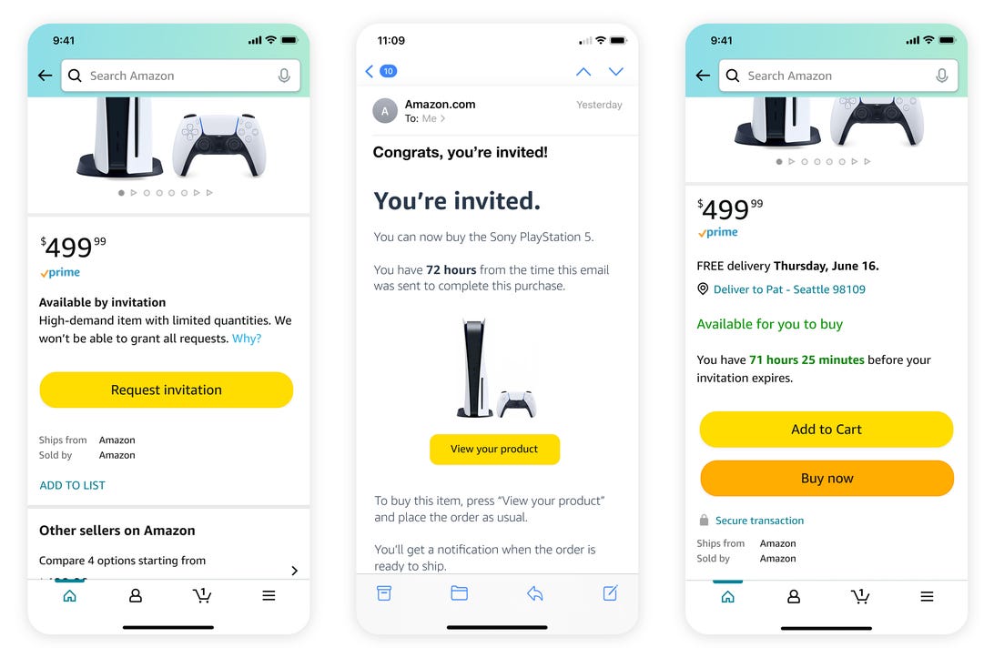 Three smartphone screen images showing Amazon's new invite-based ordering feature.