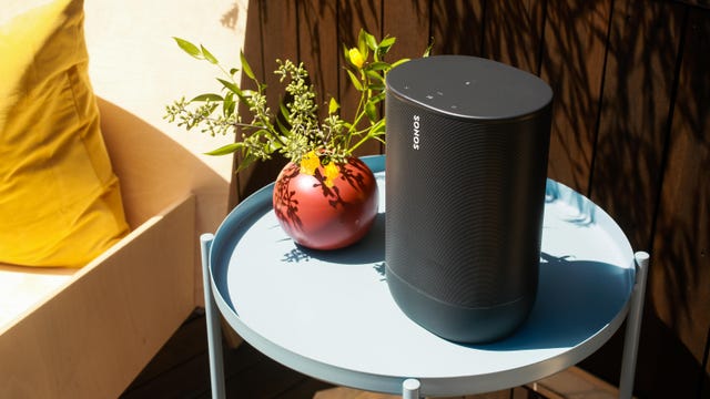 Sonos Move on a table next to a plant