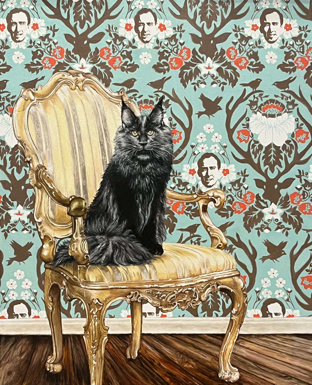 Merlin, an oil on canvas by Michael Caines, show's Nic Cage's cat sitting in a chair in front of wallpaper with Cage's face on it