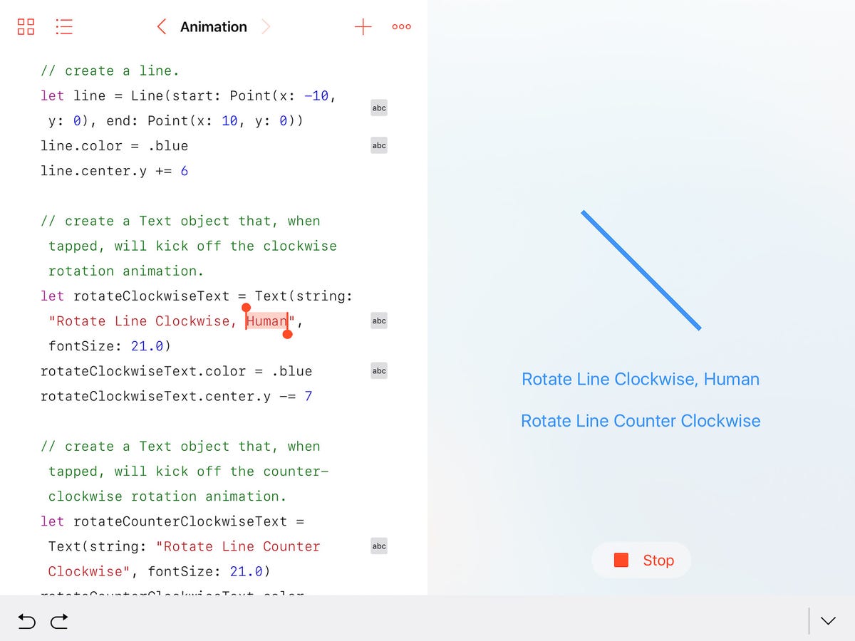Apple's Swift Playgrounds app offers a shapes section that lets you fiddle with a variety of Swift commands on the left side of the screen and see what happens on the right.