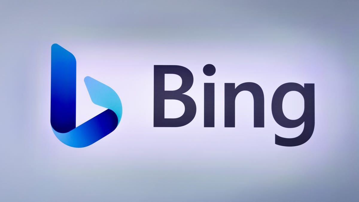Microsoft's Bing logo displayed at an event to debut of new AI features built into the search engine