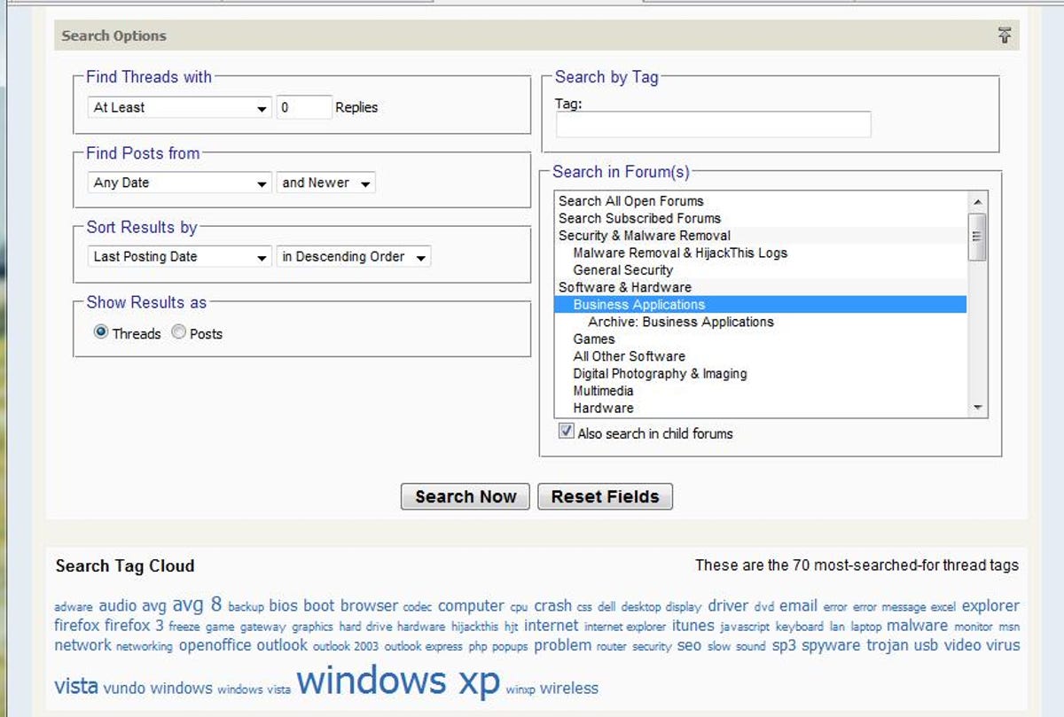 Tech Support Guy Forums advanced search options
