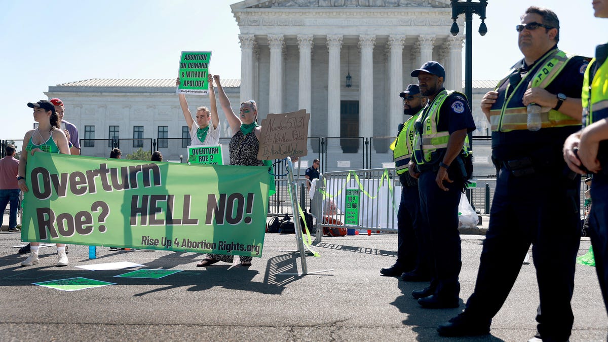 Abortion rights activists holding signs in front of the Supreme Court