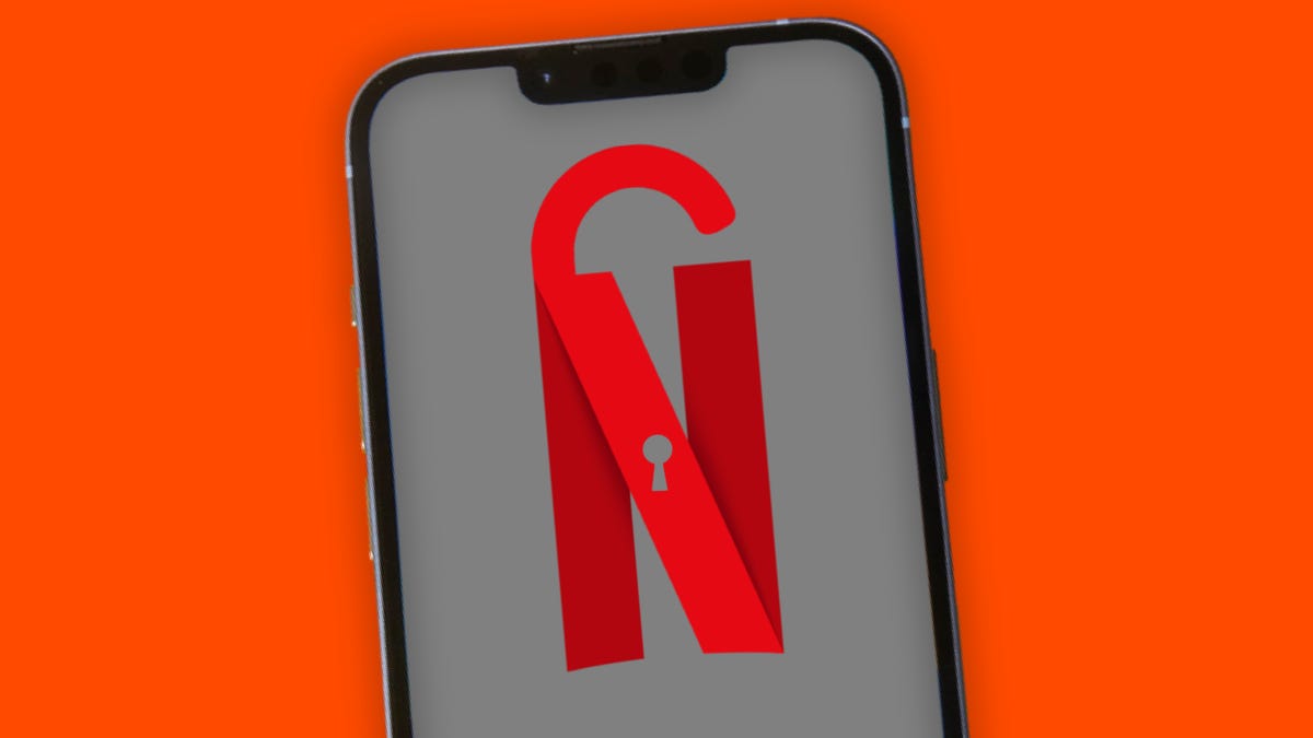 An iPhone shows an illustration of the Netflix logo with a padlock shackle and keyhole