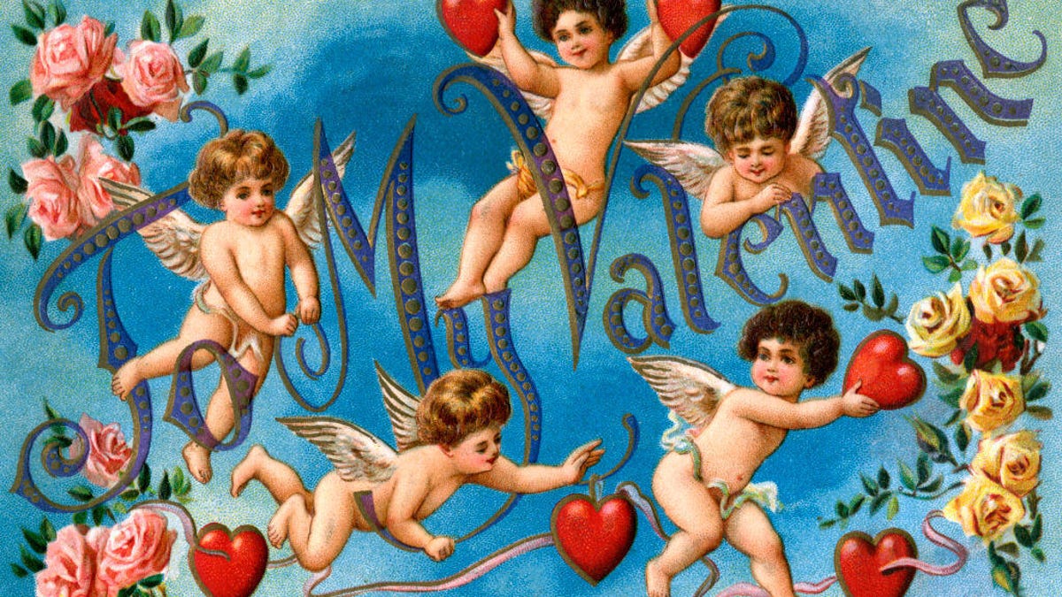 A throwback valentine with cherubs, flowers and hearts.