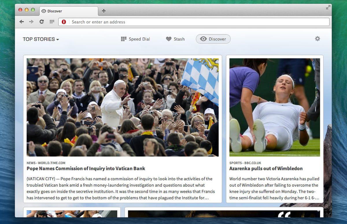 Opera Discover shows links to updated sites based on user preferences for subjects like sports, travel, and local news.