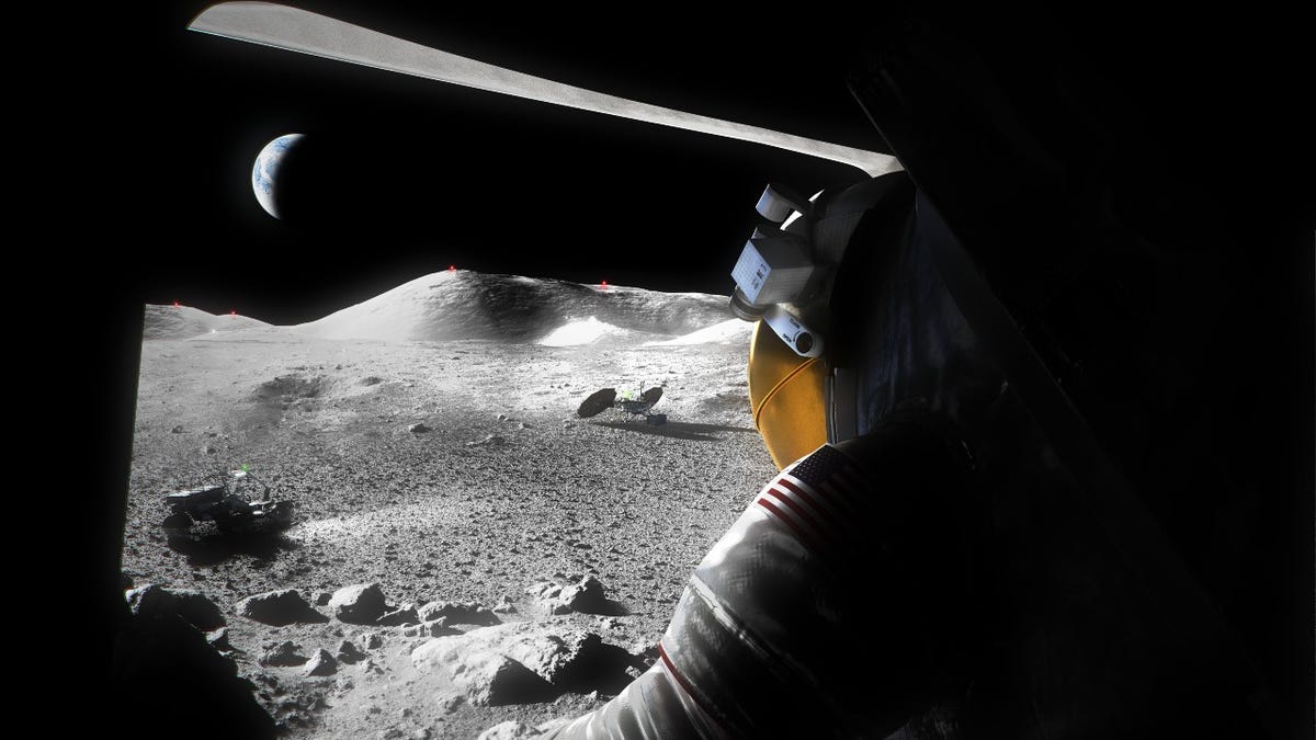 Illustration of a spacesuited astronaut looking out a window at the the lunar surface