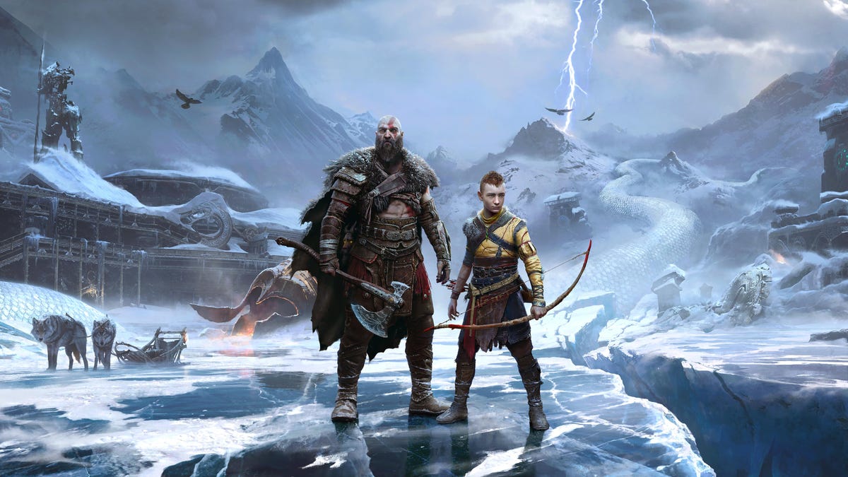 Kratos and Atreus posing in Midgard.