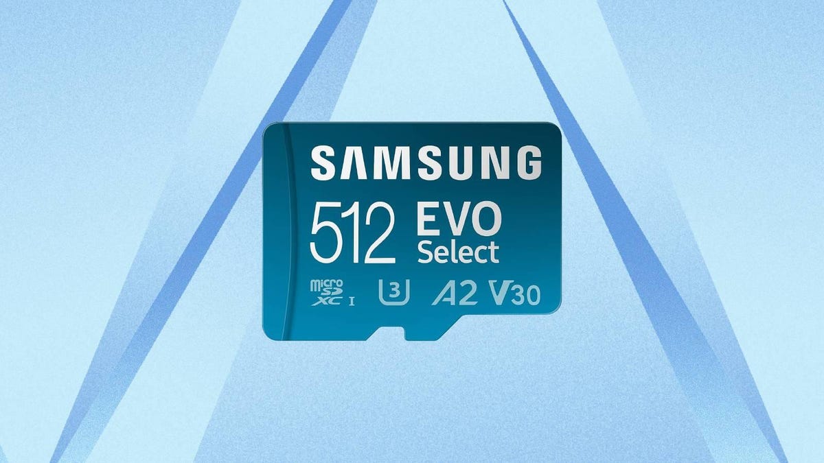 A 512GB Samsung Evo Select microSD card against a blue background.