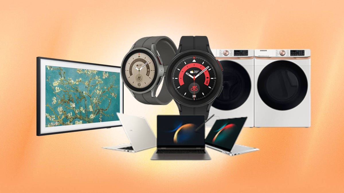A variety of Samsung products including a TV, smartwatches, laptops and appliances are displayed against an orange background.