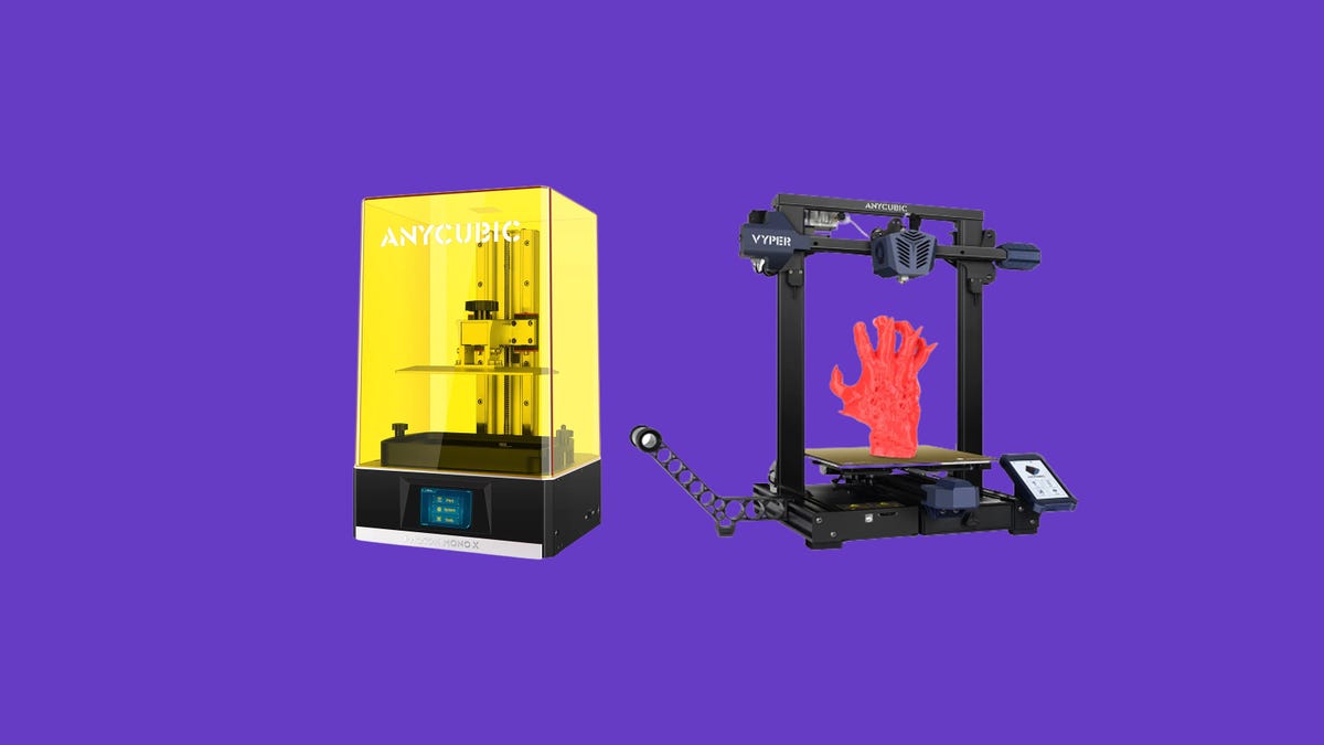 Two anycubic 3d printers on a purple background