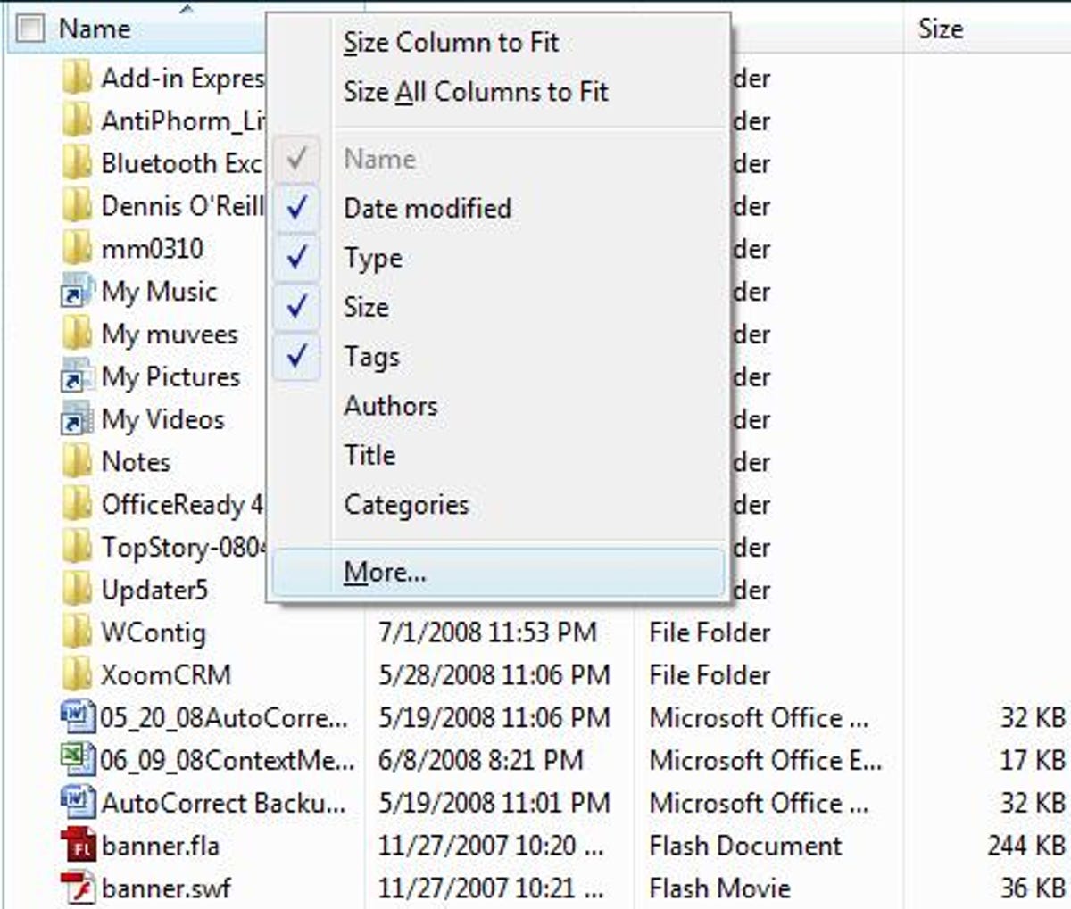 Windows Vista Details categories