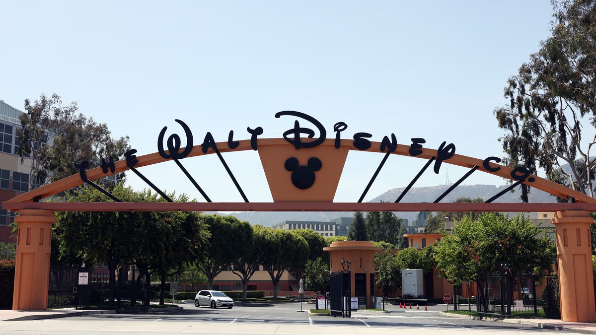 The entrance to Walt Disney headquarters is seen on a sunny day.