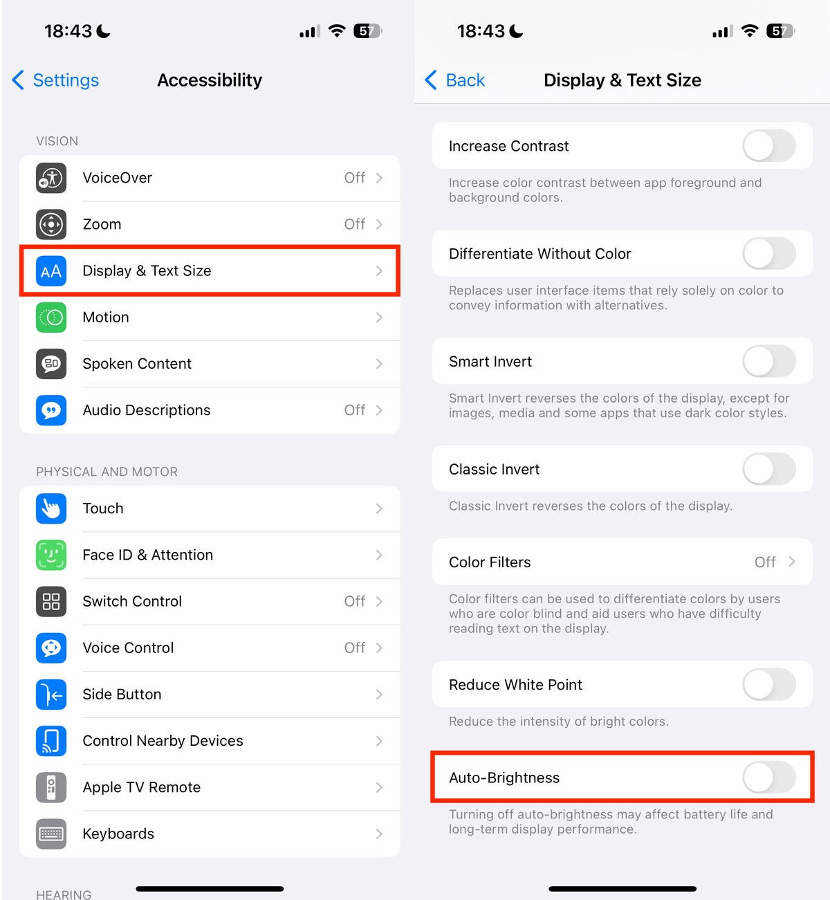 iOS auto brightness settings