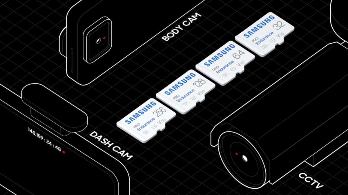 Four Samsung PRO Endurance microSD cards lined up between illustrations of a body camera, dash camera and CCTV camera.