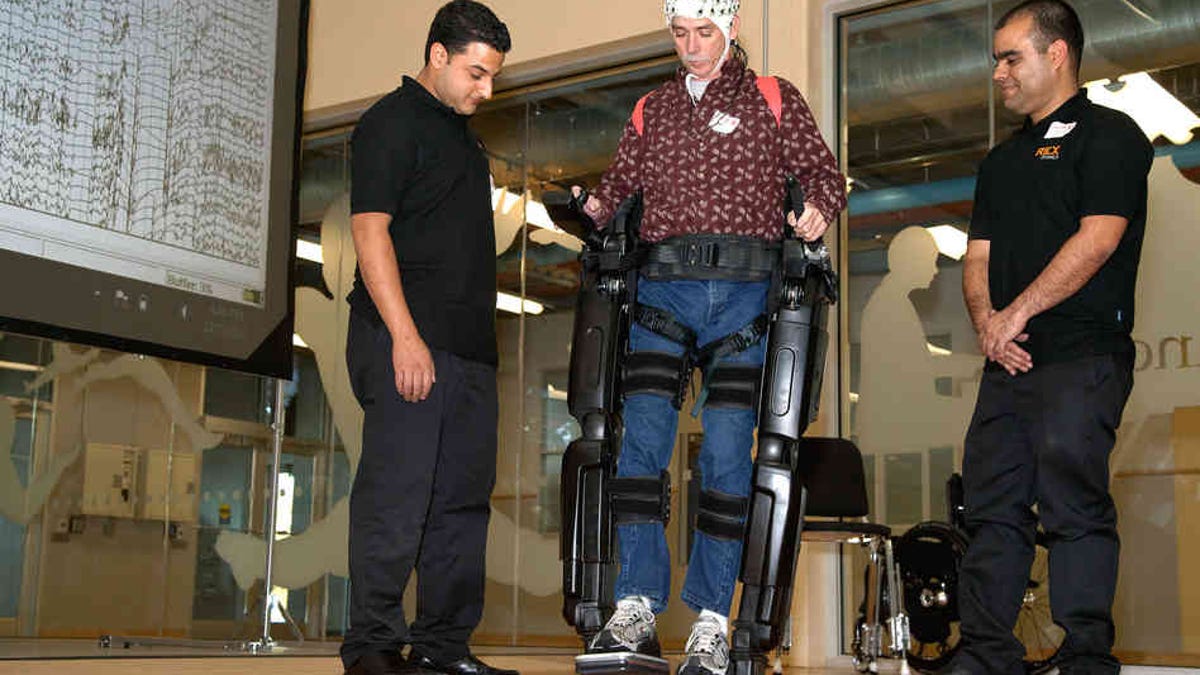NeuroRex exoskeleton demonstrated by patient Steve Holbert, who uses his thoughts to walk.