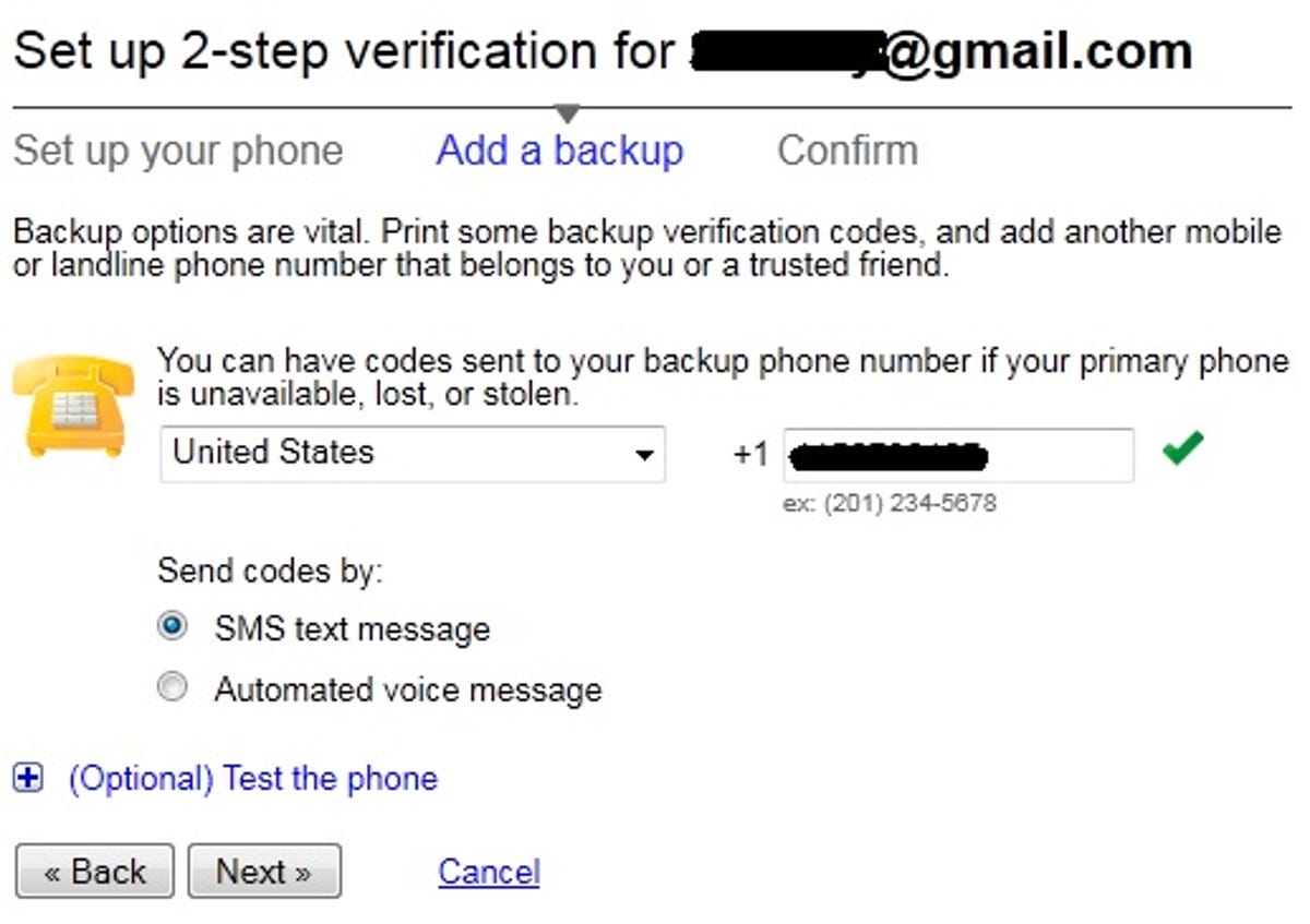 Google 2-step verification wizard: backup phone registration