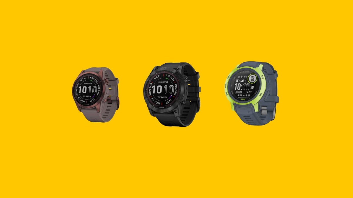 Various Garmin smartwatches are displayed against a yellow background.