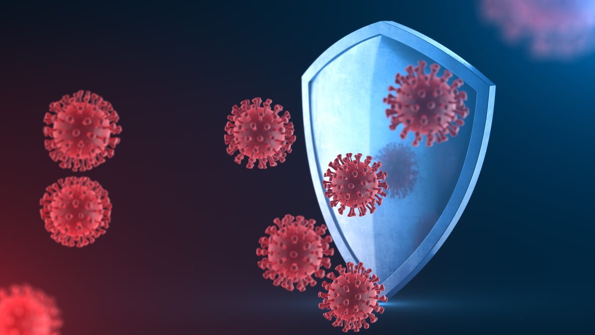 Illustrated figure of a shield defending against virus cells.