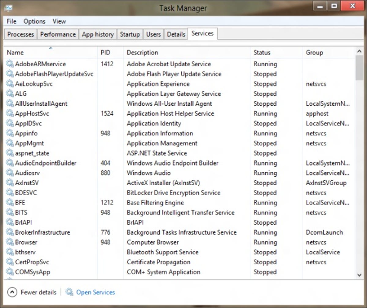 Managing services in Windows 8 Task Manager
