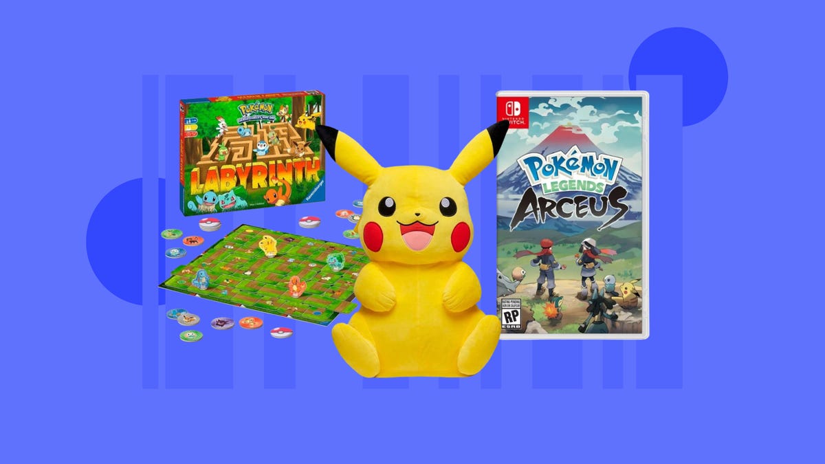 A Pokemon board game, plushie and video game are displayed against a blue background.