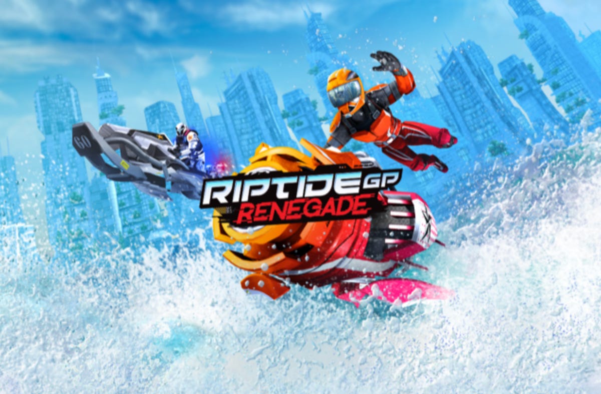 Riptide GP: Renegade+ title card showing a racer holding onto their jet ski with one hand