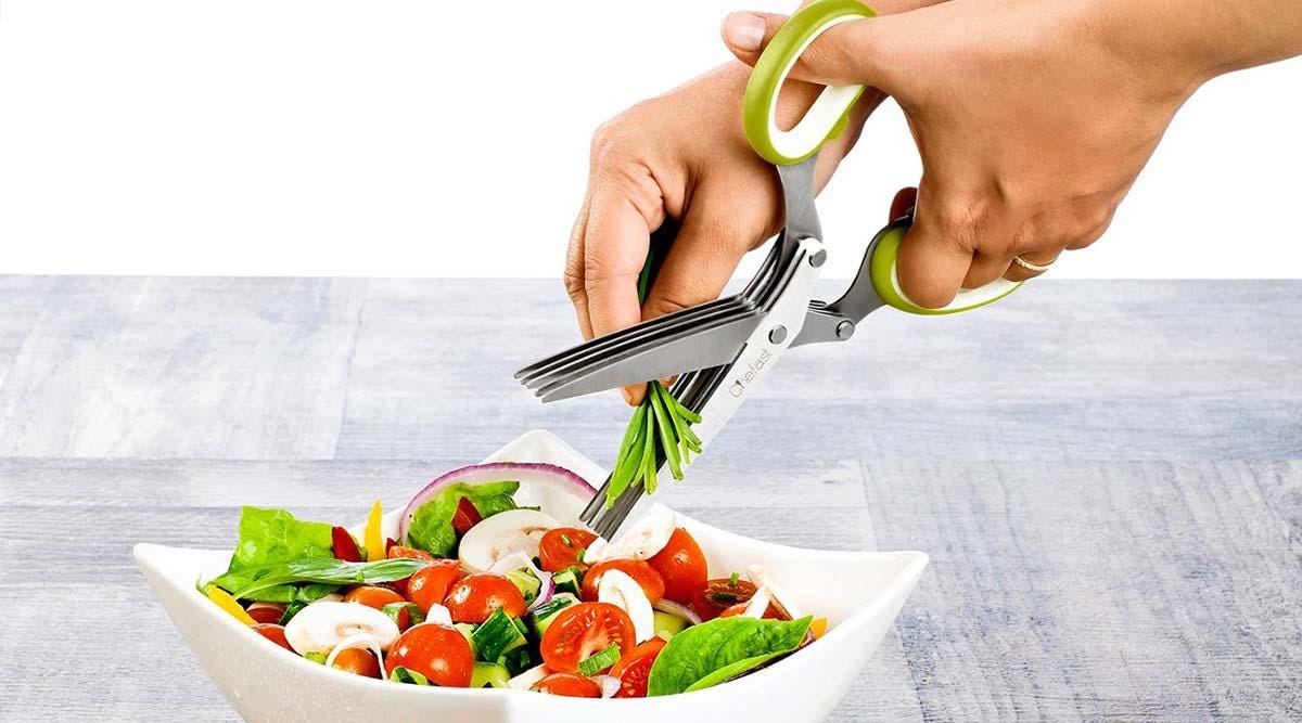 Kitchen Salad Scissors with Salad Forks for Chop n Mix Salad,Salad Cutting  Tool Cut and Toss Dual Blade Salad Chopper Scissors,Multifunction Vegetable