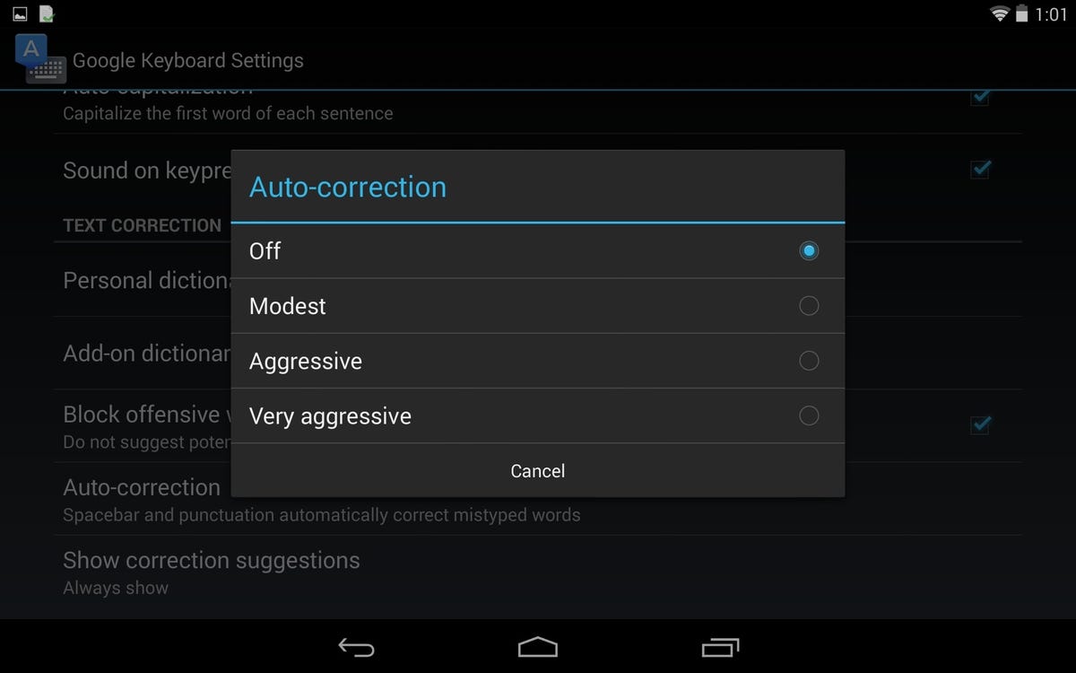 Android auto-correction options