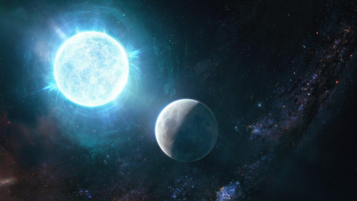 Illustration showing white dwarf star and Earth&apos;s moon side by side, for size comparison
