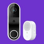 The Kasa Video doorbell and chime against a purple background.