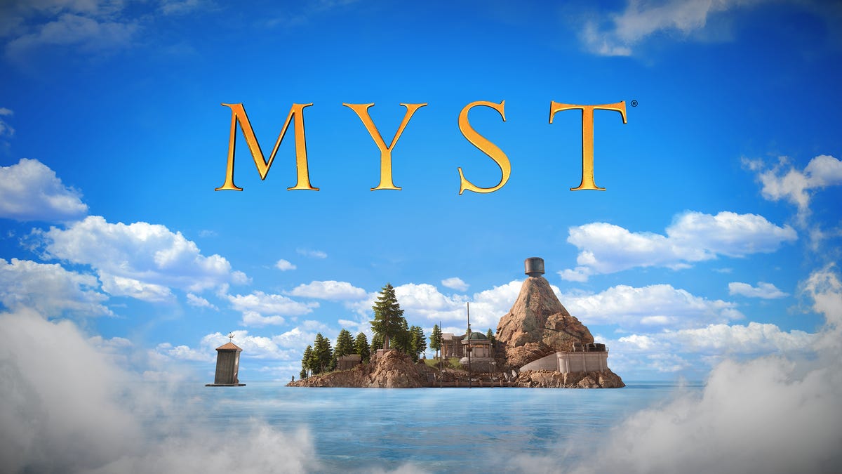 The Myst title text stands above the game's arboreal island where players star the iconic game.