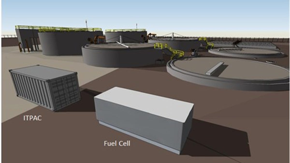 An artist's design of a Microsoft Data Plant where data center computers would be co-located with a source of biogas, such as a landfill or wastewater plant, to run fuel cells for on-site power.