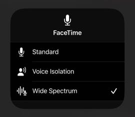 FaceTime options Standard, Voice Isolation and Wide Spectrum