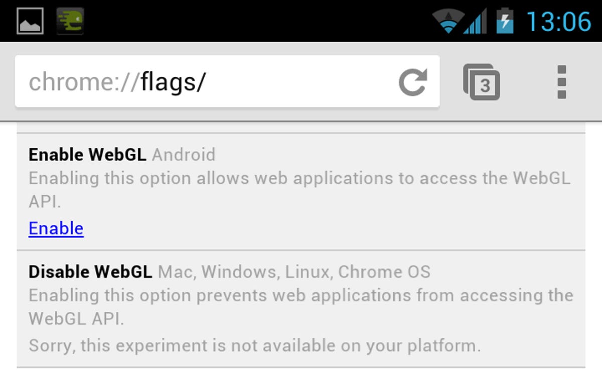 WebGL, the accelerated 3D graphics interface for Web apps, can be enabled through the chrome://flags page.