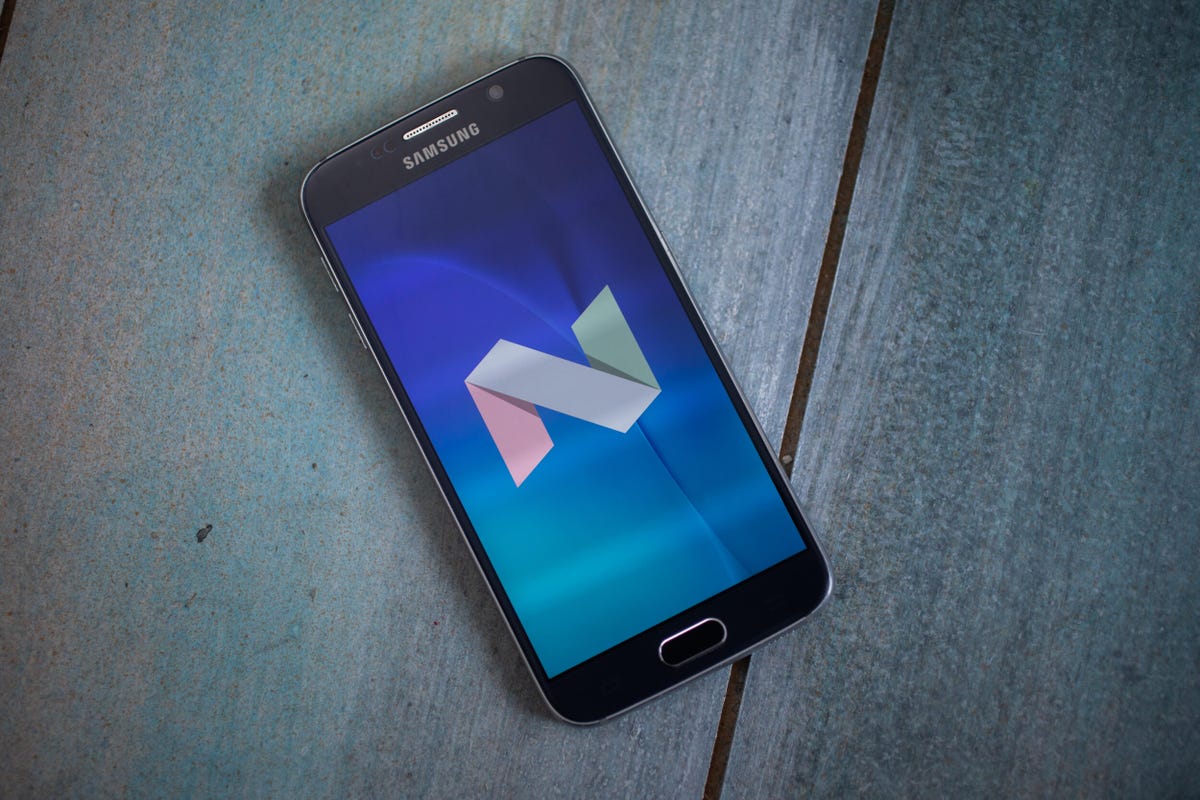 An image showing the Android N logo on a Samsung phone