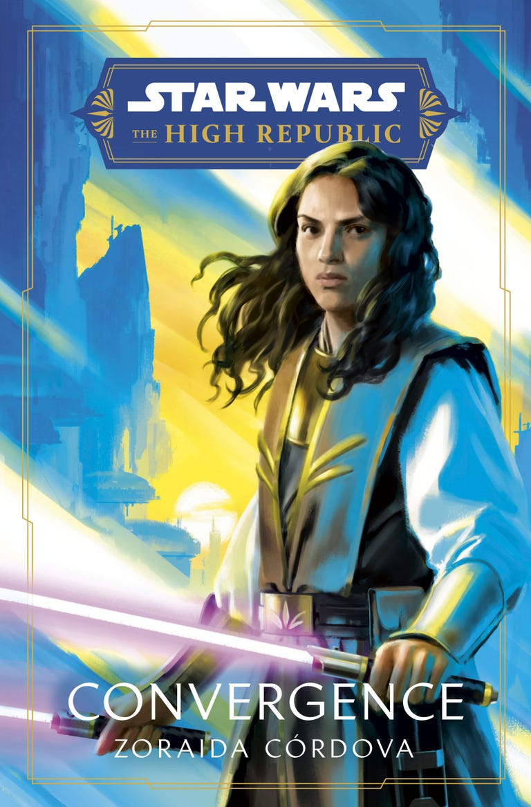 Gella Nattai wields two purple lightsabers against a blue and yellow background on the Star Wars: Convergence book cover