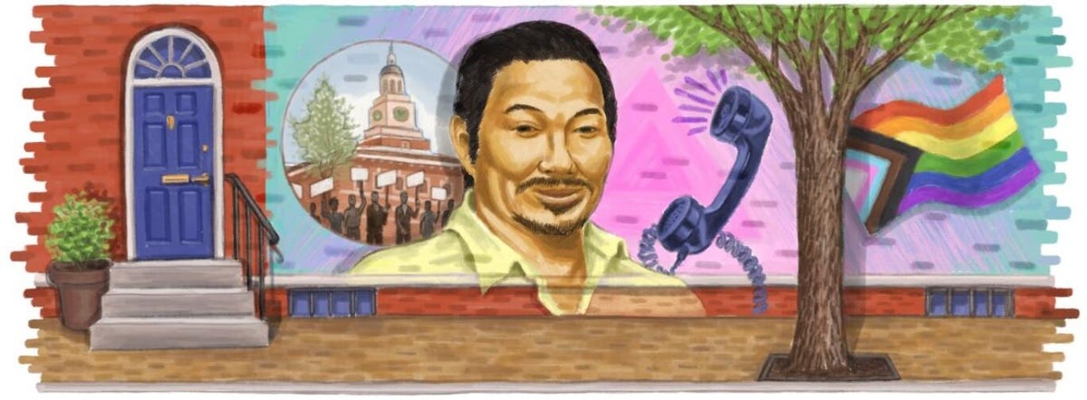 Google Doodle showing Kiyoshi Kuromiya as part of a mural along with a pride flag