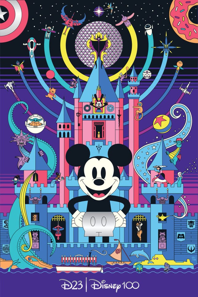 Giant black and white Mickey Mouse stands among the smaller Disney characters and icons in the D23 Poster 2022