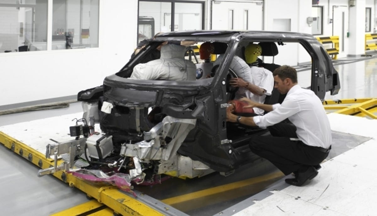 BMW is experimenting with the crash-worthiness of a carbon fiber reinforced plastic passenger cell.
