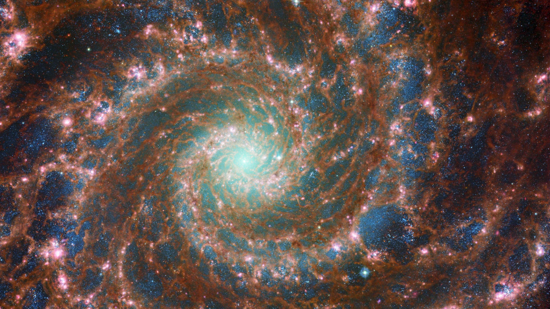 A swirly, sparkly spiral galaxy shimmers in shades of blue, pink, red and green.