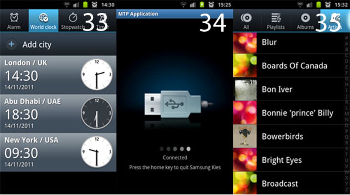 Android World clock, add songs, music player
