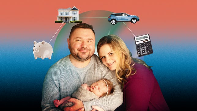Frink family with newborn and piggy bank, house, car and calculator graphics