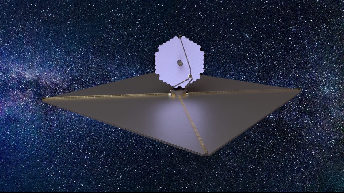 An illustration of a purple hexagonal structure sits atop a gray sheet shaped like a diamond. In the background is an image of the Milky Way's heart.